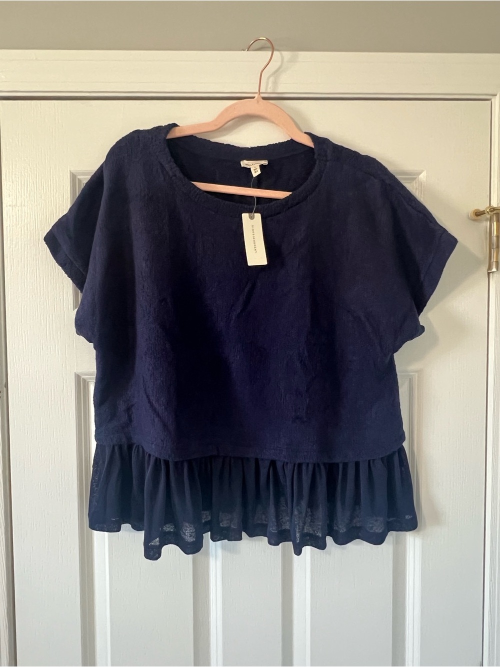 Anthropologie Navy Short-Sleeve Crop Sweater with Ruffle Hem